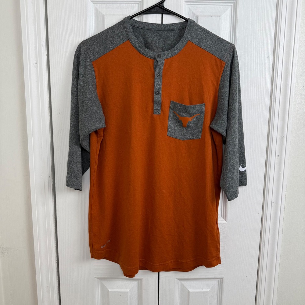 Nike Dri-Fit Texas Longhorns Henley Shirt Men's Baseball Tee Orange Grey READ